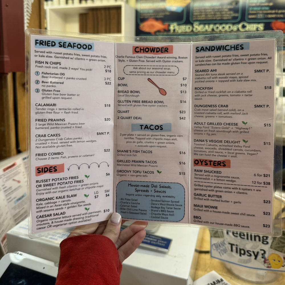 Menu at Fishetarian in Bodega Bay